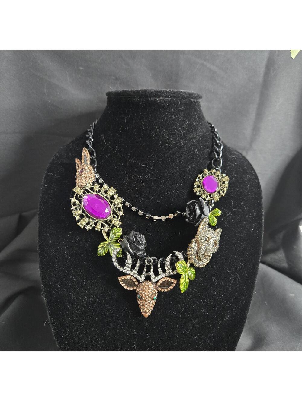 Betsey Johnson Dark Forest Statement Necklace Wolf Deer Rabbit Rhinestone Punk